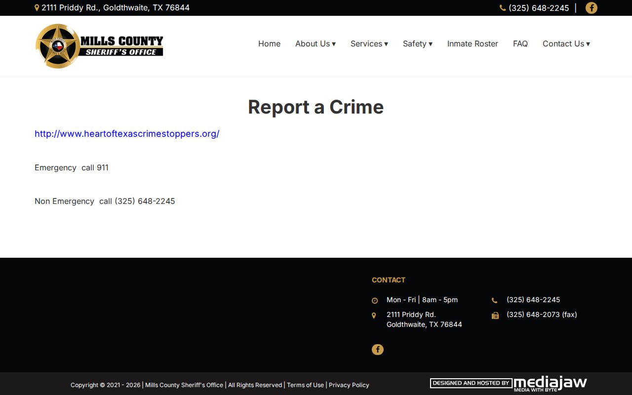 Mills County Most Wanted tip route, sheriff emergency and non-emergency page