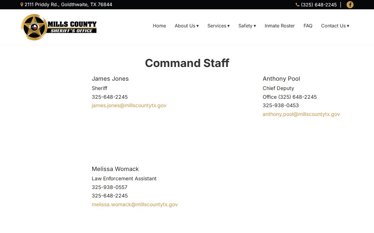 Mills County active warrant information, sheriff command staff directory