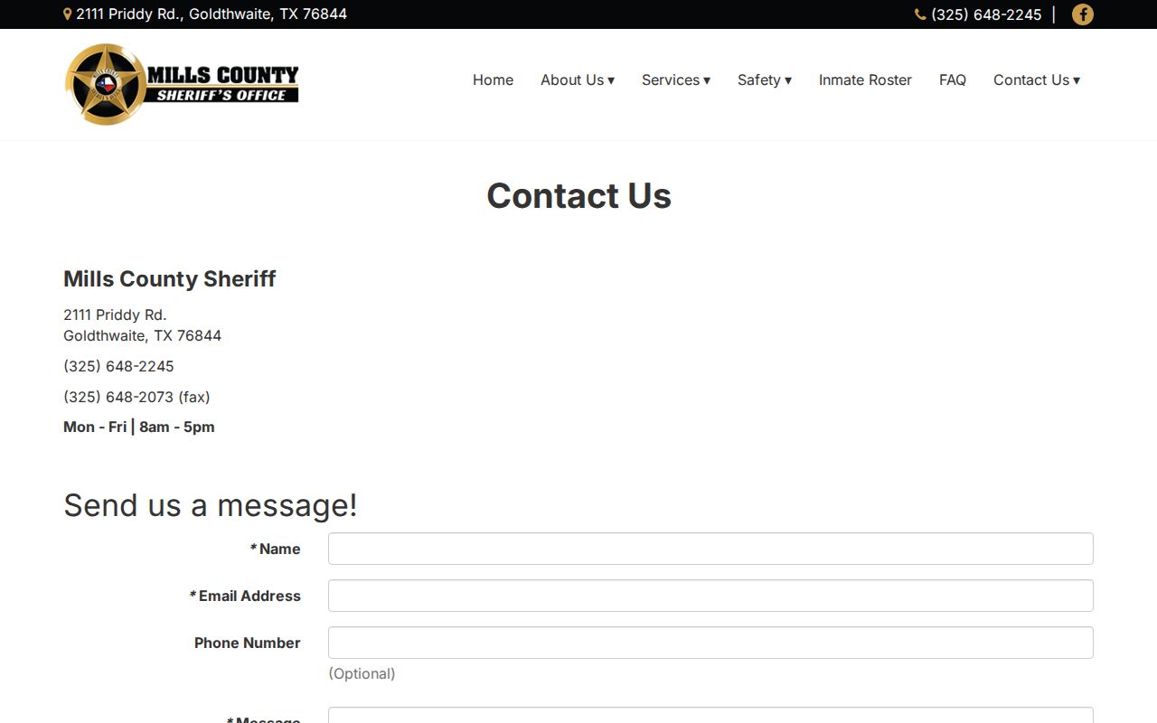 Mills County Most Wanted program, sheriff public message form