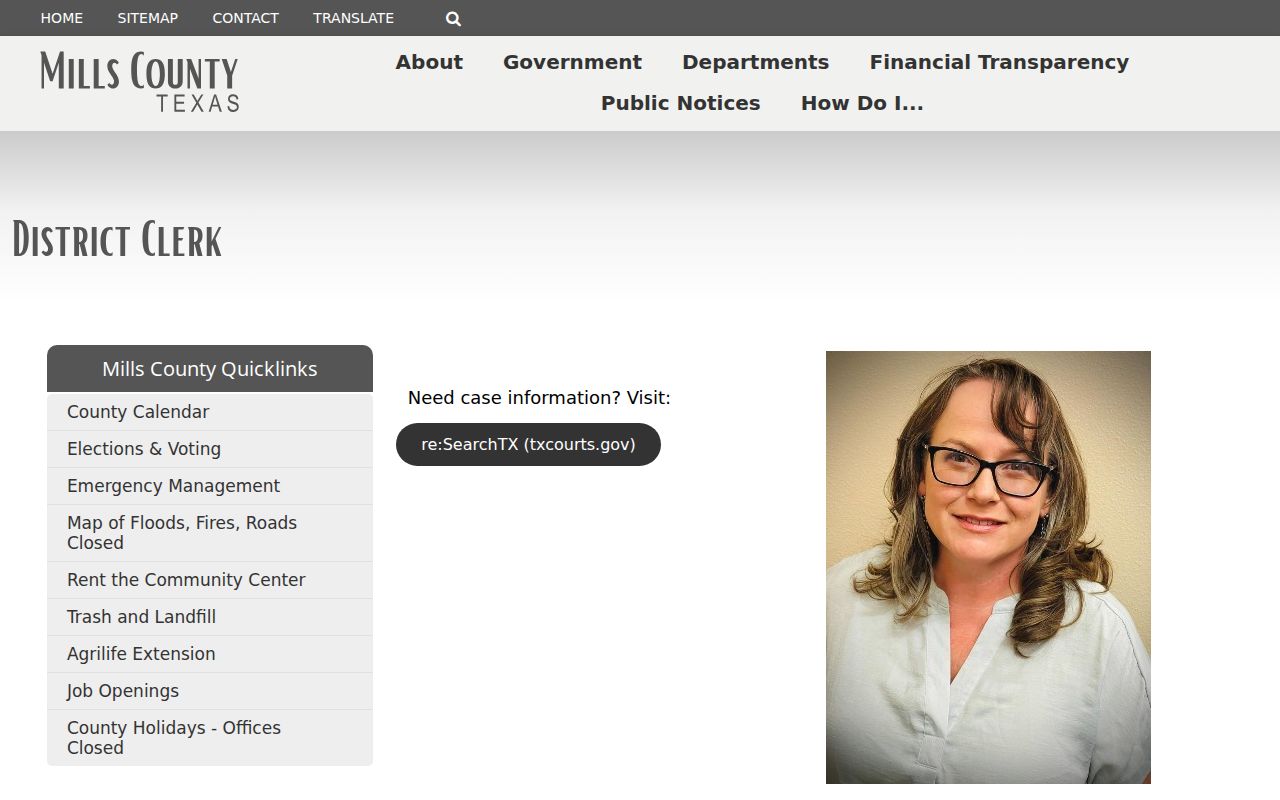 Mills County warrant search, District Clerk court-record access page