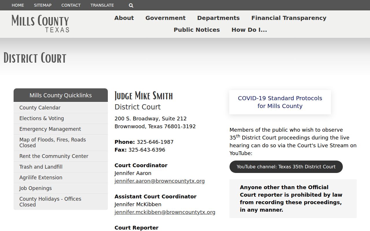 Mills County arrest warrant records, 35th District Court office page
