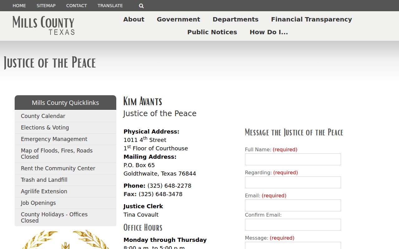 Mills County traffic warrant information, Justice Court contact page