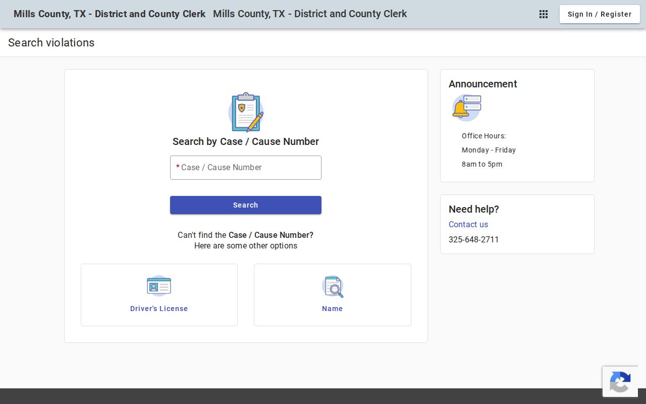 Mills County warrant search context, case and citation portal fields