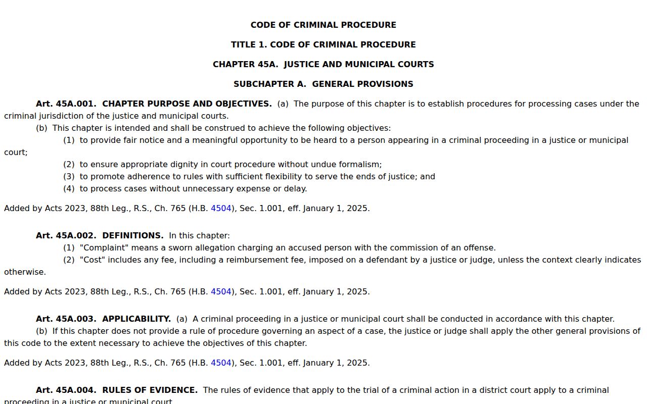 Mills County traffic warrant reference, Texas Chapter 45A court procedure