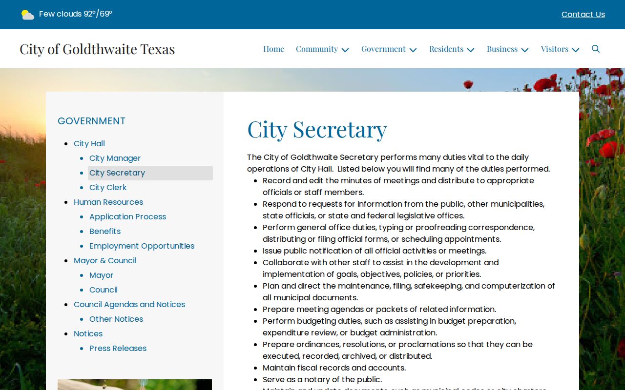 Goldthwaite warrant record request, City Secretary information page