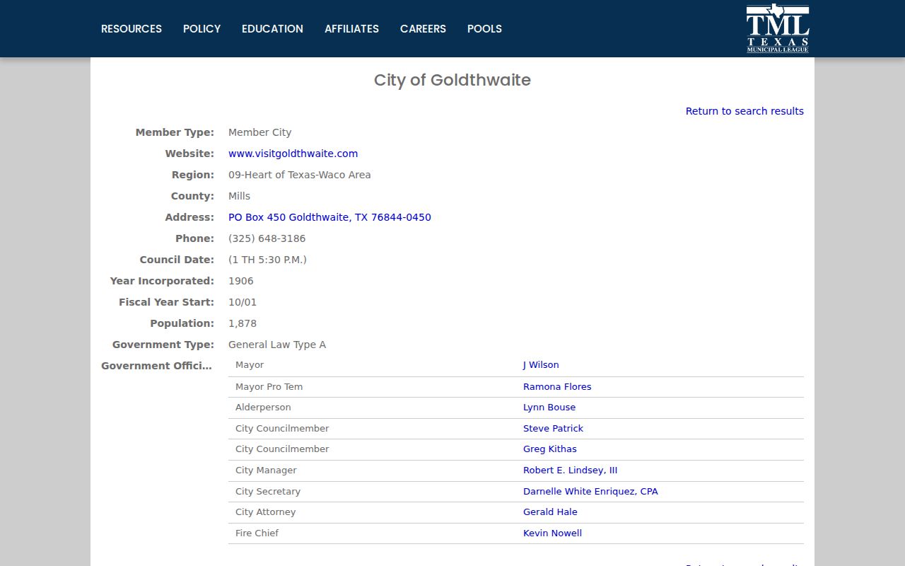 Mills County municipal warrant context, Goldthwaite municipal profile
