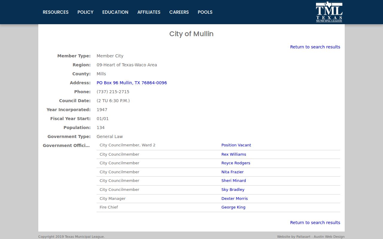 Mullin warrant records, official municipal association city profile