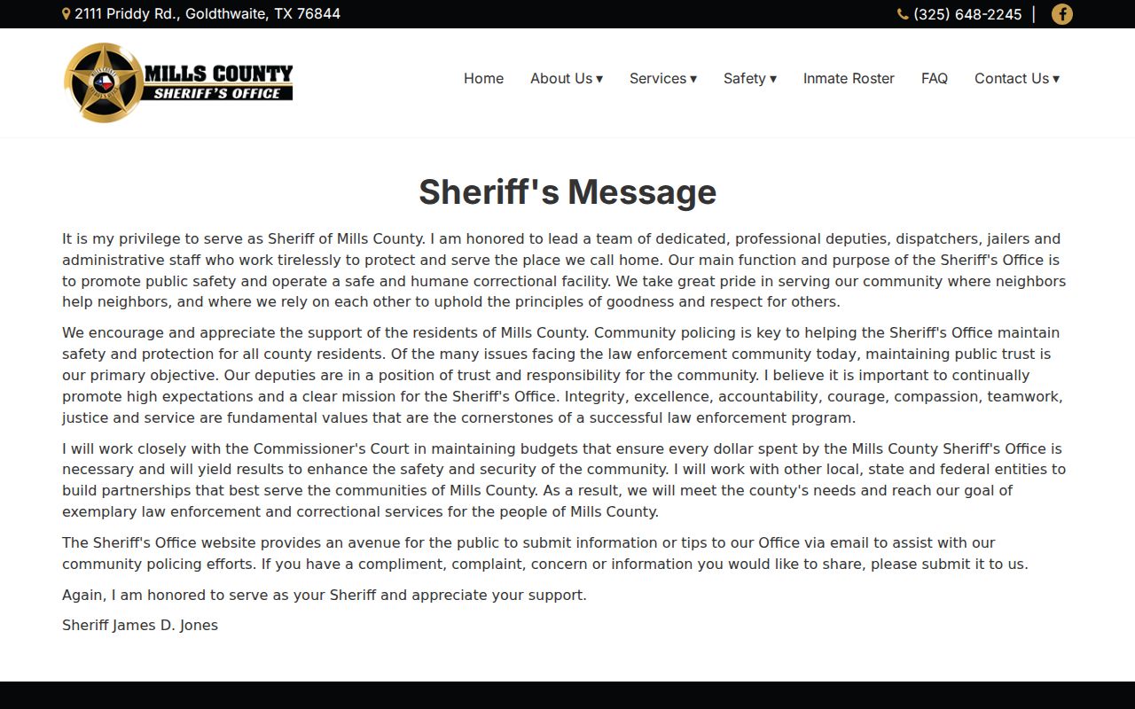 Mills County warrant records resource, official sheriff message page