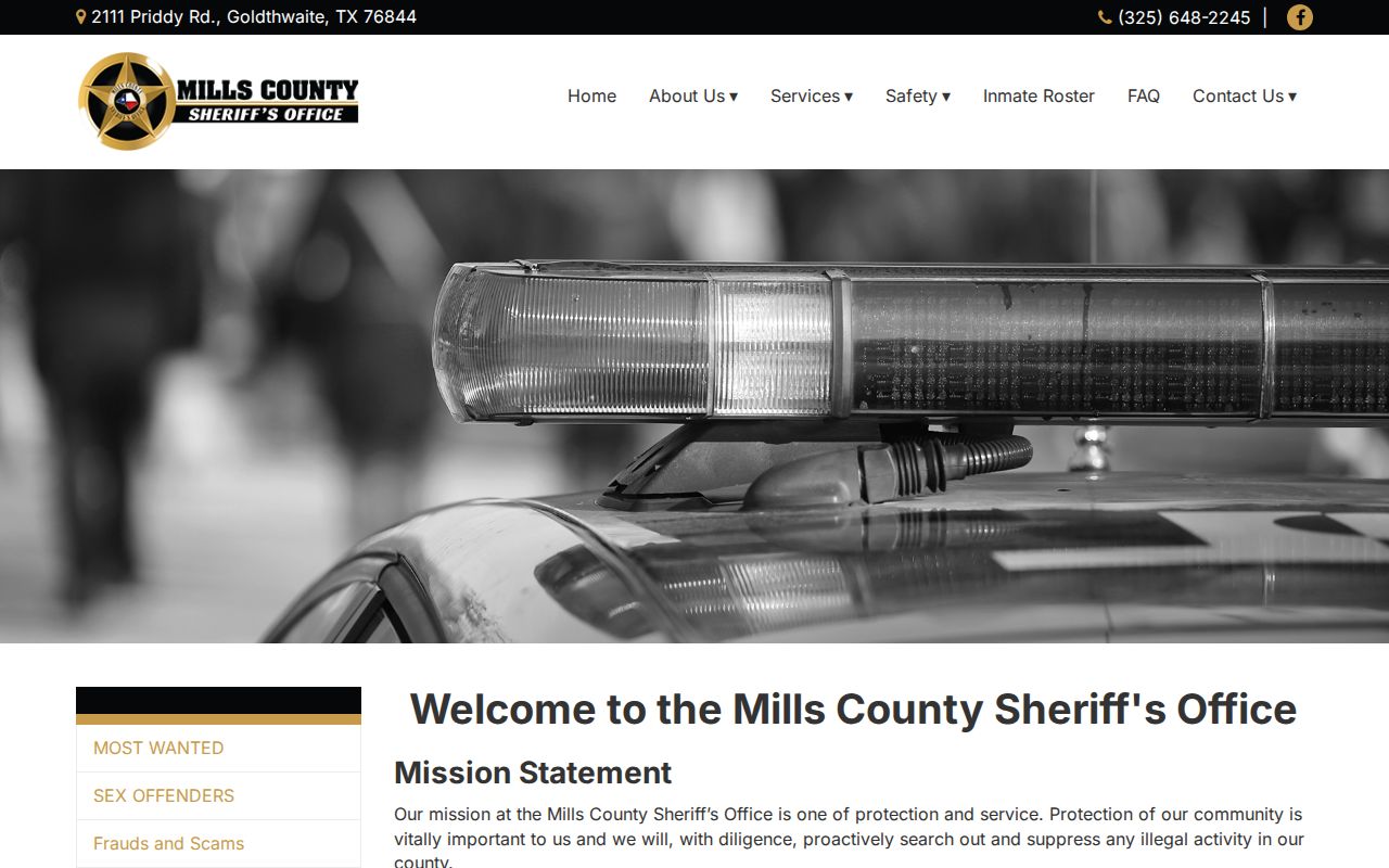 Mills County active warrant routing, sheriff office mission and contact page
